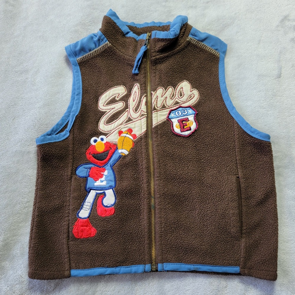 Sesame Street 18M Elmo Football Fleece Vest Brown Blue Full Zip Toddler Y2K 2007